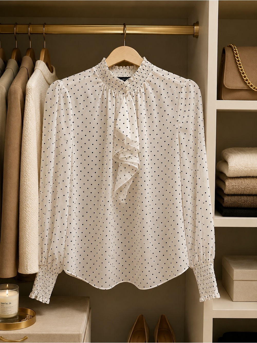 Womens White Polka Dot Ruffle Neck Blouse White House Black Market